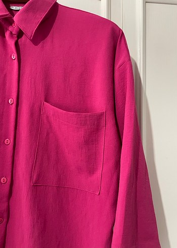 Düğmeli Pembe Keten Kadın Gömlek - Görsel 2