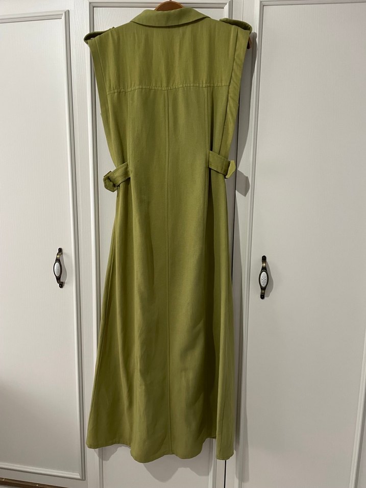 Kemerli Kolsuz Uzun Haki Elbise - Görsel 4