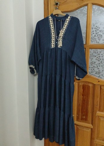 Navy Nakışlı Püsküllü Uzun Bohem Elbise - Görsel 3