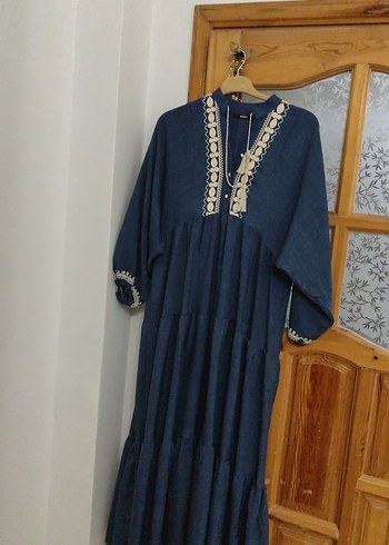 Navy Nakışlı Püsküllü Uzun Bohem Elbise - Görsel 2