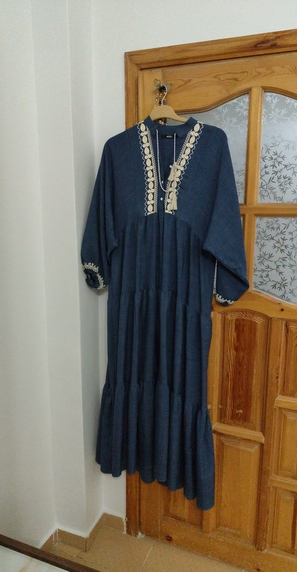 Navy Nakışlı Püsküllü Uzun Bohem Elbise - Görsel 3