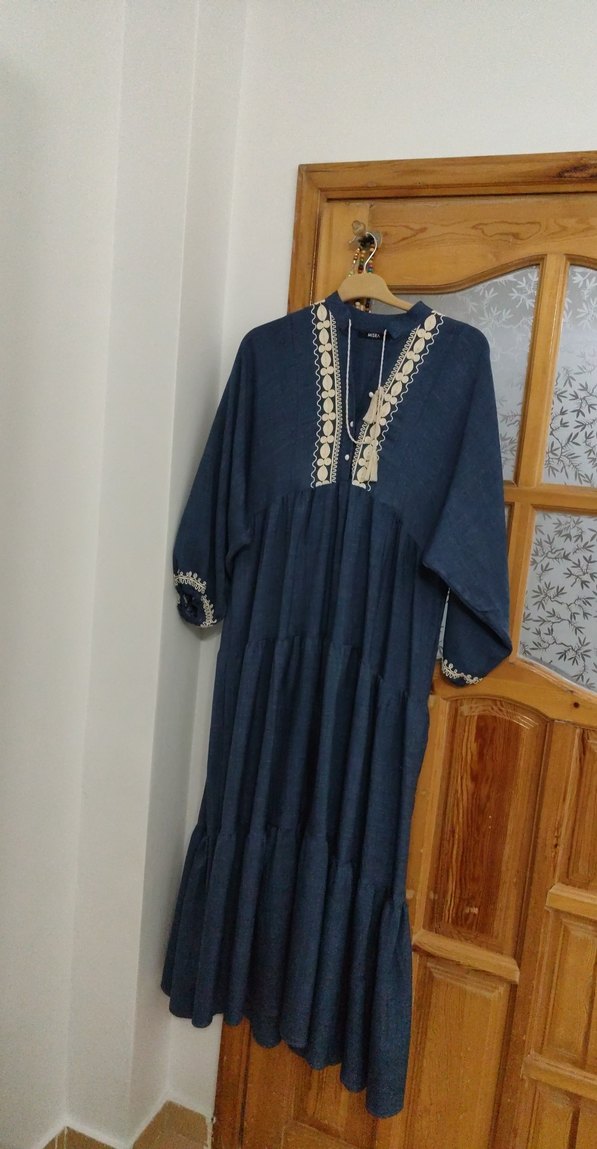 Navy Nakışlı Püsküllü Uzun Bohem Elbise - Görsel 2