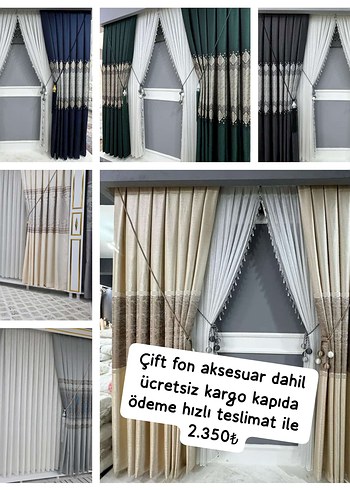 Nakışlı Gri Fon Perde Çift Fonlu