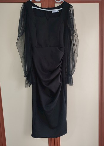 Siyah Transparan Kollu Midi Elbise - Görsel 3