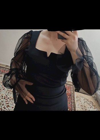 Siyah Transparan Kollu Midi Elbise - Görsel 2