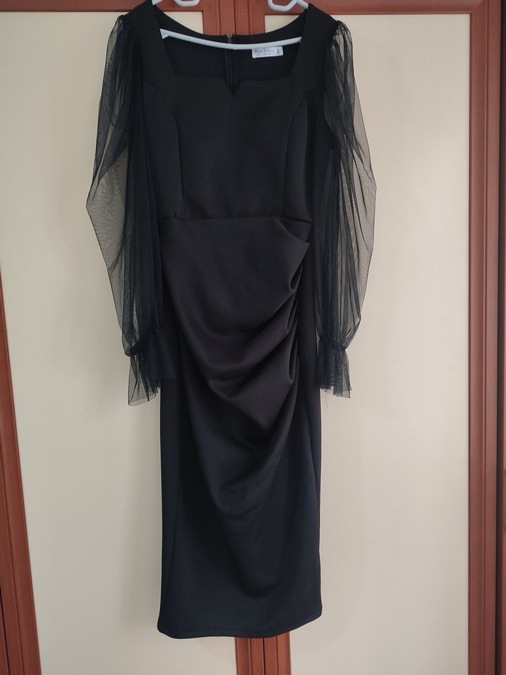 Siyah Transparan Kollu Midi Elbise - Görsel 3