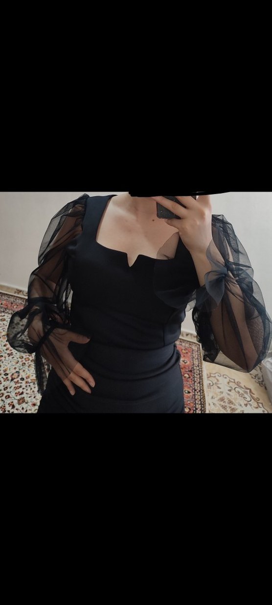 Siyah Transparan Kollu Midi Elbise - Görsel 2