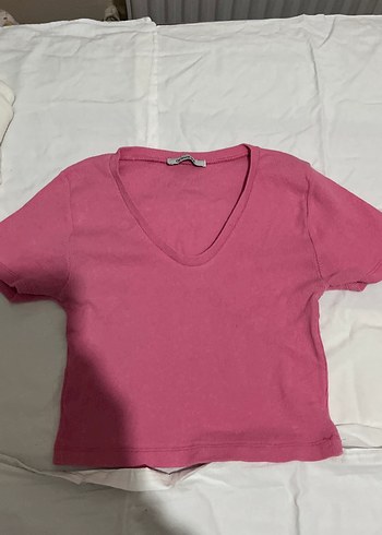 Pembe V Yaka Kısa Kollu Kadın Tişört
