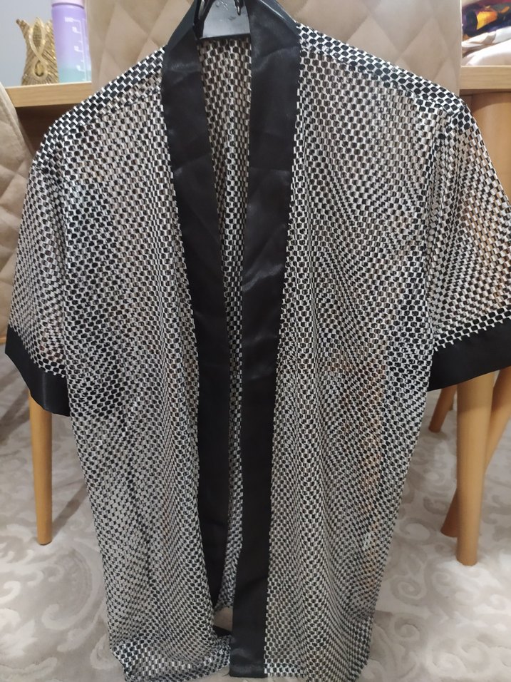 Gri Uzun Kadın Kimono, Kemerli, Yılan Desenli - Görsel 3