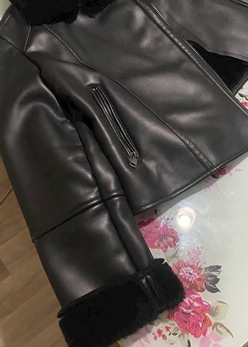 m Beden Kürk Detaylı Siyah Deri Kadın Biker Ceket
