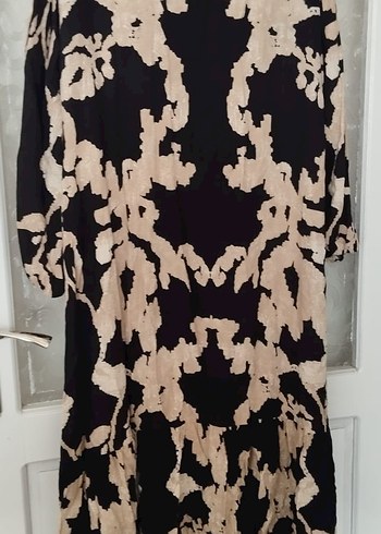44 Beden kahverengi Renk Kahverengi Baggy Batik Desenli Uzun Elbise