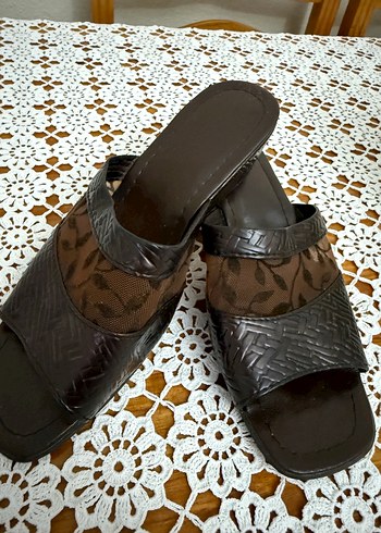 Vintage terlik Kahverengi Yılan Desenli Kadın Dolgu Topuk Terlik - Görsel 2