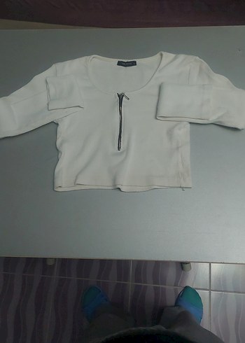 Fermuarlı Beyaz Uzun Kollu Tişört - Görsel 3