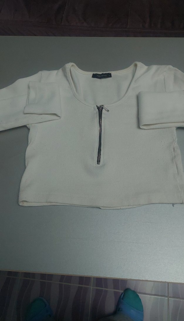 Fermuarlı Beyaz Uzun Kollu Tişört - Görsel 4