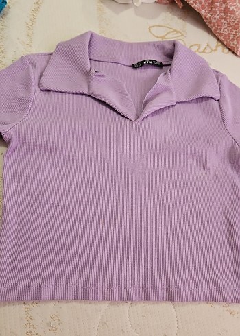 Mor Düğmeli Kısa Kollu Kız Polo Tişört