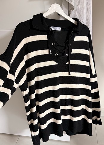 Fahhar marka Siyah-Beyaz Çizgili Örgü Kadın Kazak - Görsel 2