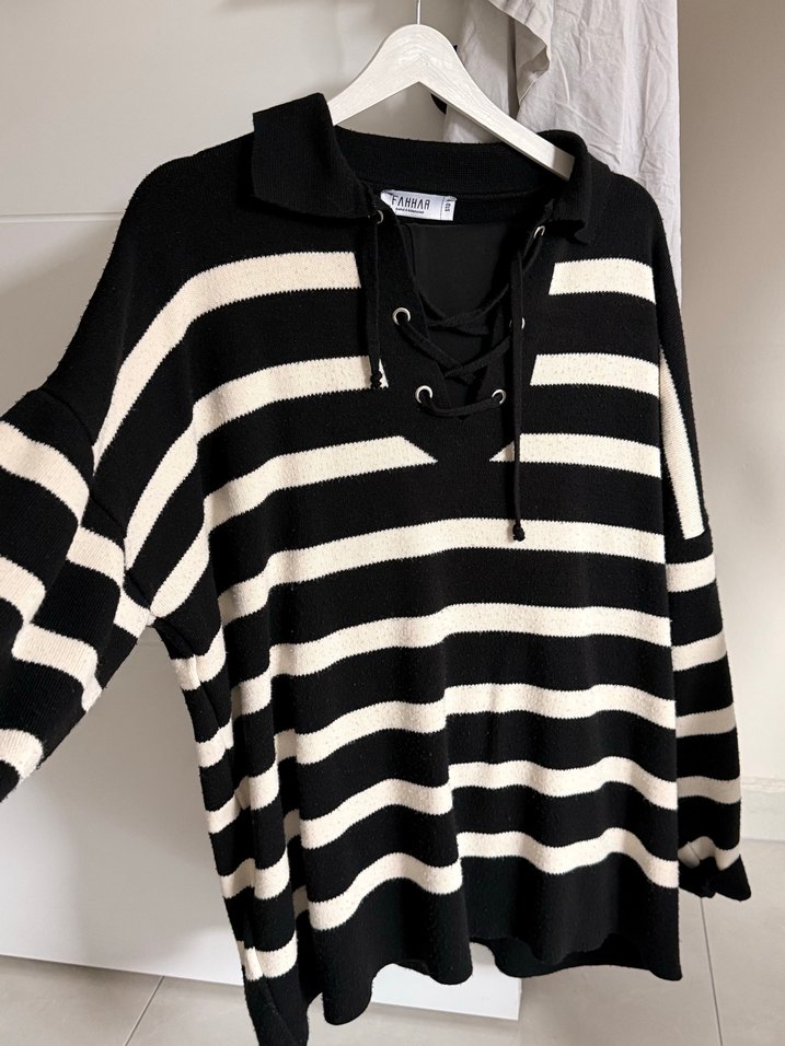 Fahhar marka Siyah-Beyaz Çizgili Örgü Kadın Kazak - Görsel 2
