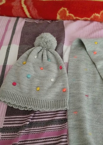 Gri Renkli Nakışlı Çocuk Bohem Bere ve Atkı - Görsel 2