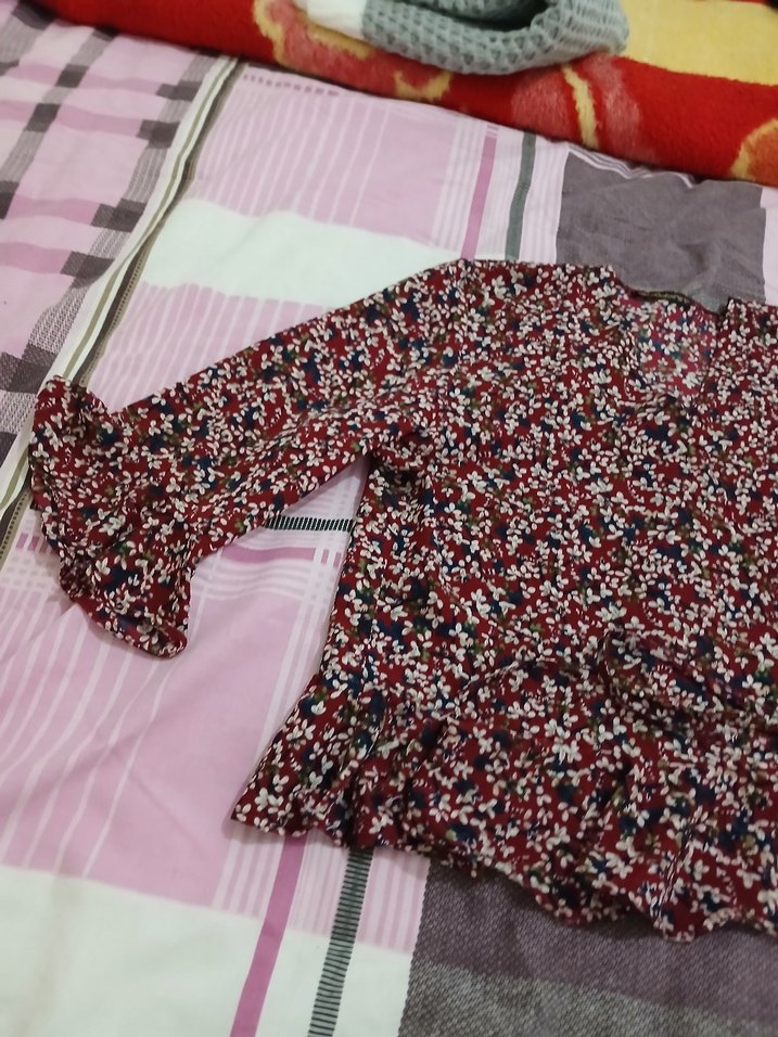 Bordo Çiçekli Bohem Kadın Bluz - Görsel 3