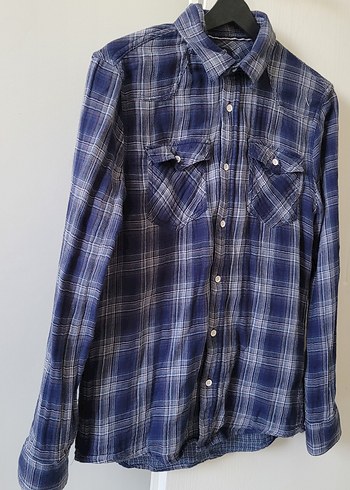 Erkek Mavi Ekose Uzun Kollu Denim Gömlek