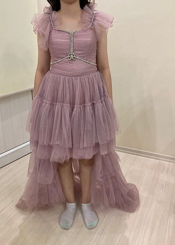 Detaylı Pembe Midi Abiye Elbise - Görsel 4