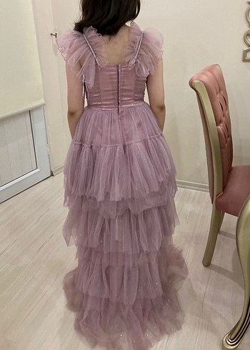 Detaylı Pembe Midi Abiye Elbise - Görsel 3