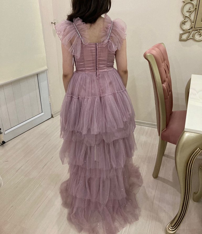 Detaylı Pembe Midi Abiye Elbise - Görsel 3