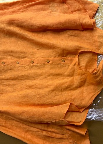 Turuncu Keten Düğmeli Kadın Gömlek - Görsel 3