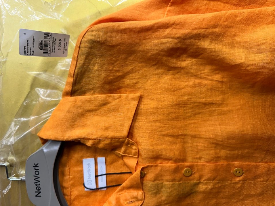 Turuncu Keten Düğmeli Kadın Gömlek - Görsel 2