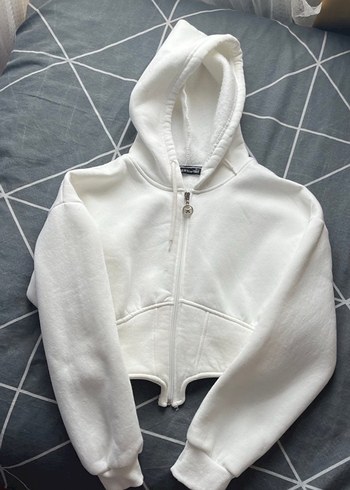 Beyaz Fermuarlı Kapüşonlu Kadın Sweatshirt