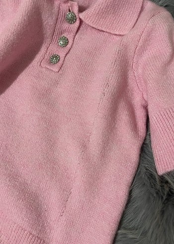 Düğmeli Pembe Örgü Kadın Kazak - Görsel 3