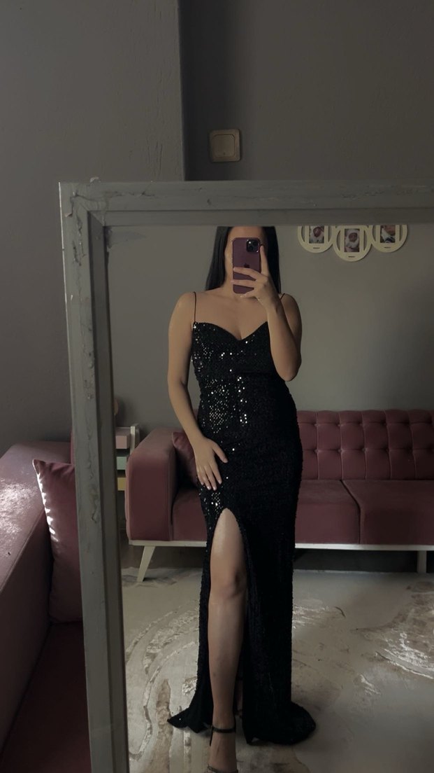 Yılan Desenli Siyah V Yaka Uzun Abiye Elbise - Görsel 2