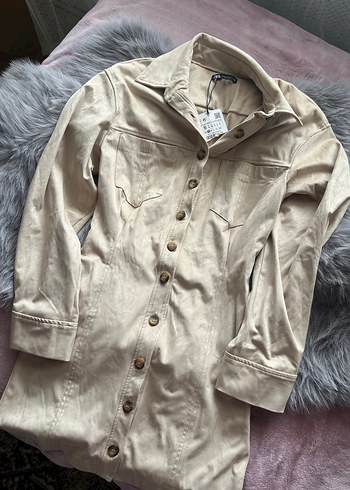 Düğmeli Bej Uzun Süet Kadın Kaban - Görsel 2