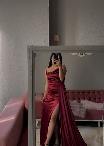 Bordo Drapeli Uzun Abiye Elbise - Görsel 2