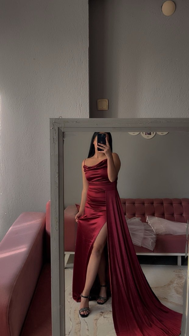 Bordo Drapeli Uzun Abiye Elbise - Görsel 2