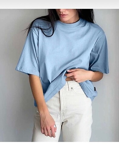 Unisex Mavi Bisiklet Yaka Pamuk Oversize T-shirt