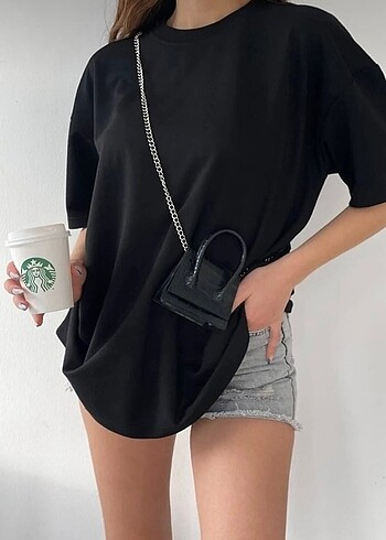 Diğer Unisex Pamuk Siyah Bisiklet Yaka Oversize T-shirt
