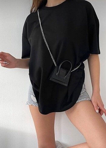 m Beden Unisex Pamuk Siyah Bisiklet Yaka Oversize T-shirt