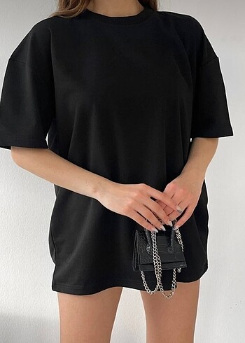 Unisex Pamuk Siyah Bisiklet Yaka Oversize T-shirt