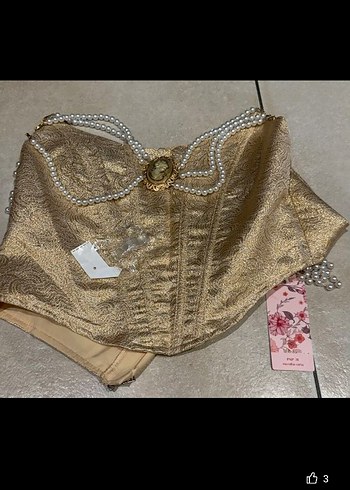 s Beden beyaz Renk İnci Detaylı Vintage Bohem Mini Metalik Büstiyer Korse
