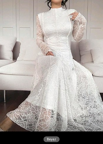 Uzun Beyaz Kadın Elbise, Dantel Detaylı - Görsel 7