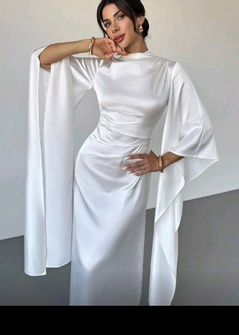 Uzun Beyaz Kadın Elbise, Dantel Detaylı - Görsel 12