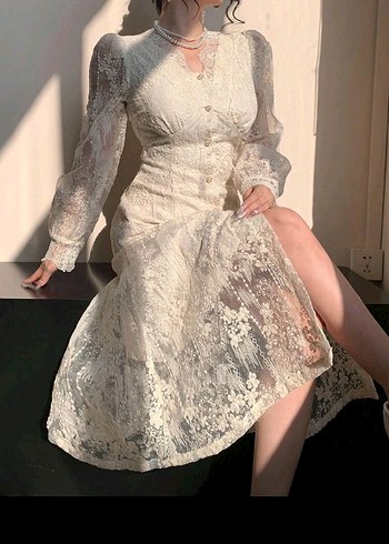 Uzun Beyaz Kadın Elbise, Dantel Detaylı - Görsel 10