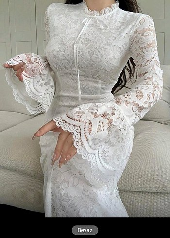 Uzun Beyaz Kadın Elbise, Dantel Detaylı - Görsel 8