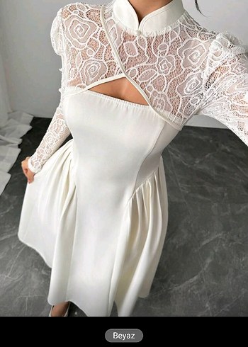 Uzun Beyaz Kadın Elbise, Dantel Detaylı - Görsel 4