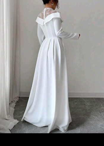 Uzun Beyaz Kadın Elbise, Dantel Detaylı - Görsel 2