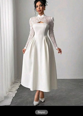 Uzun Beyaz Kadın Elbise, Dantel Detaylı - Görsel 5