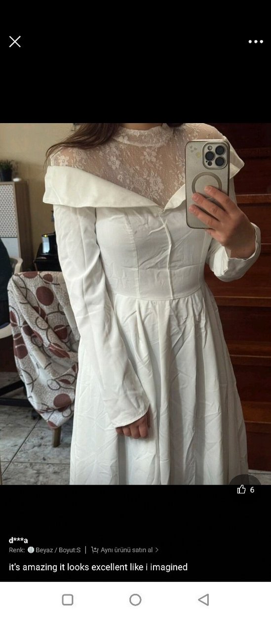 Uzun Beyaz Kadın Elbise, Dantel Detaylı - Görsel 3