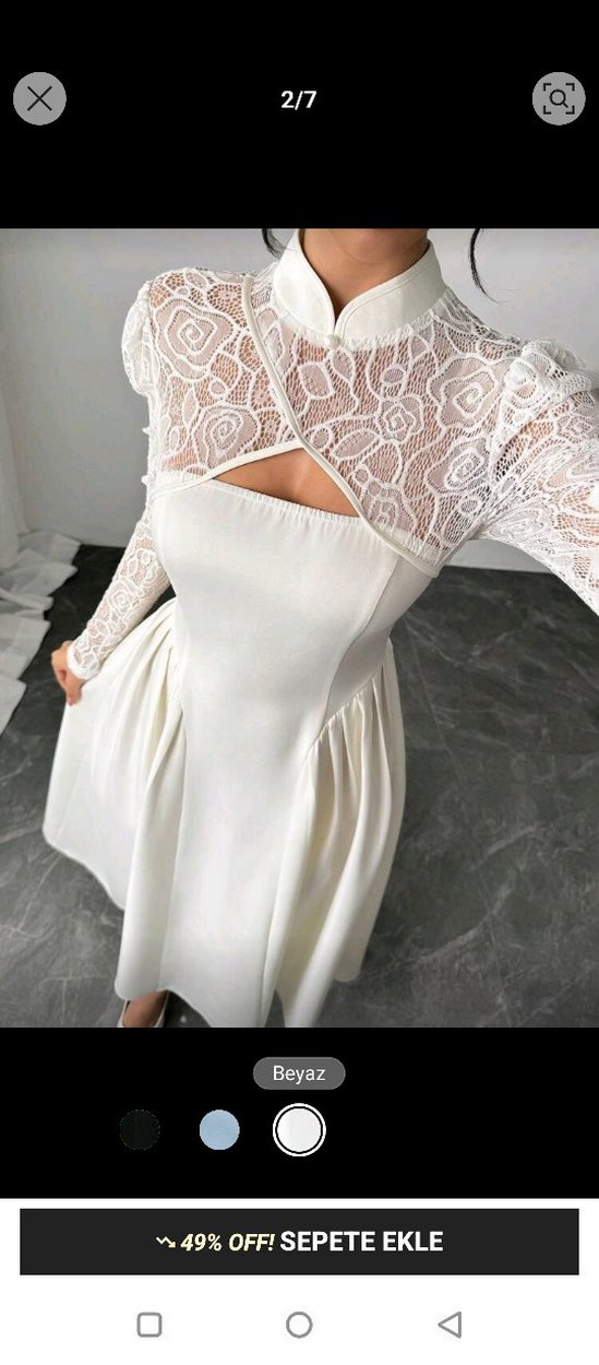 Uzun Beyaz Kadın Elbise, Dantel Detaylı - Görsel 4