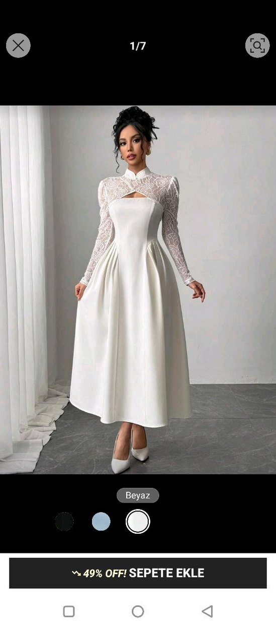 Uzun Beyaz Kadın Elbise, Dantel Detaylı - Görsel 5